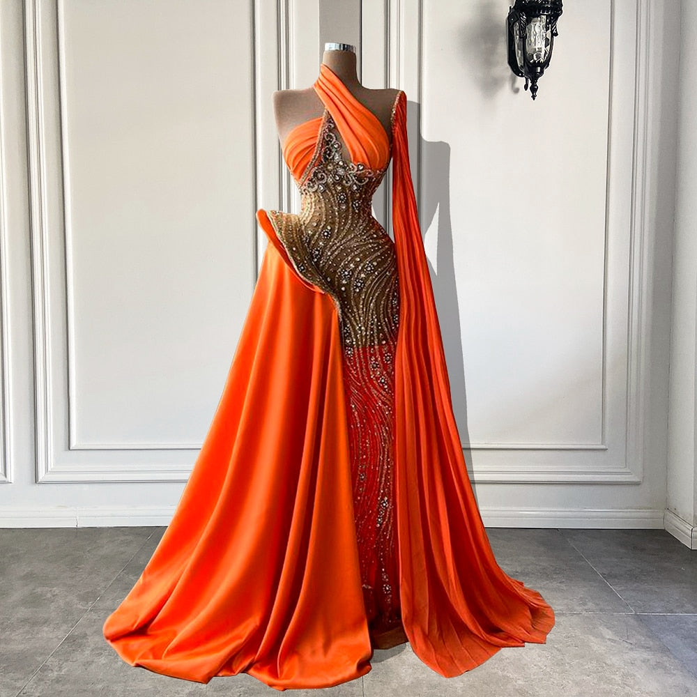 See Through Luxury Beaded Crystals Sparkly Orange Dubai Women Long Evening Dresses 2022